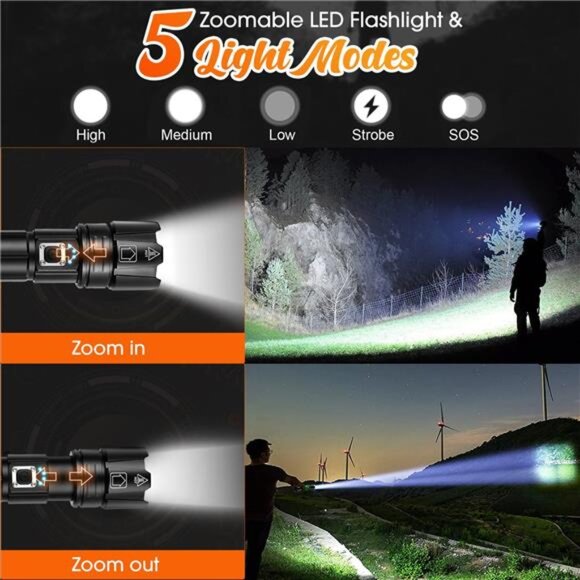 Powerful Flashlight 10000 Lumens, USB Rechargeable XHP70.2 Flashlights High - Picture 2 of 7